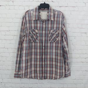 Aeropostale Shirt Mens XL Beige Red Plaid Long Sleeve Button Up Patch Western